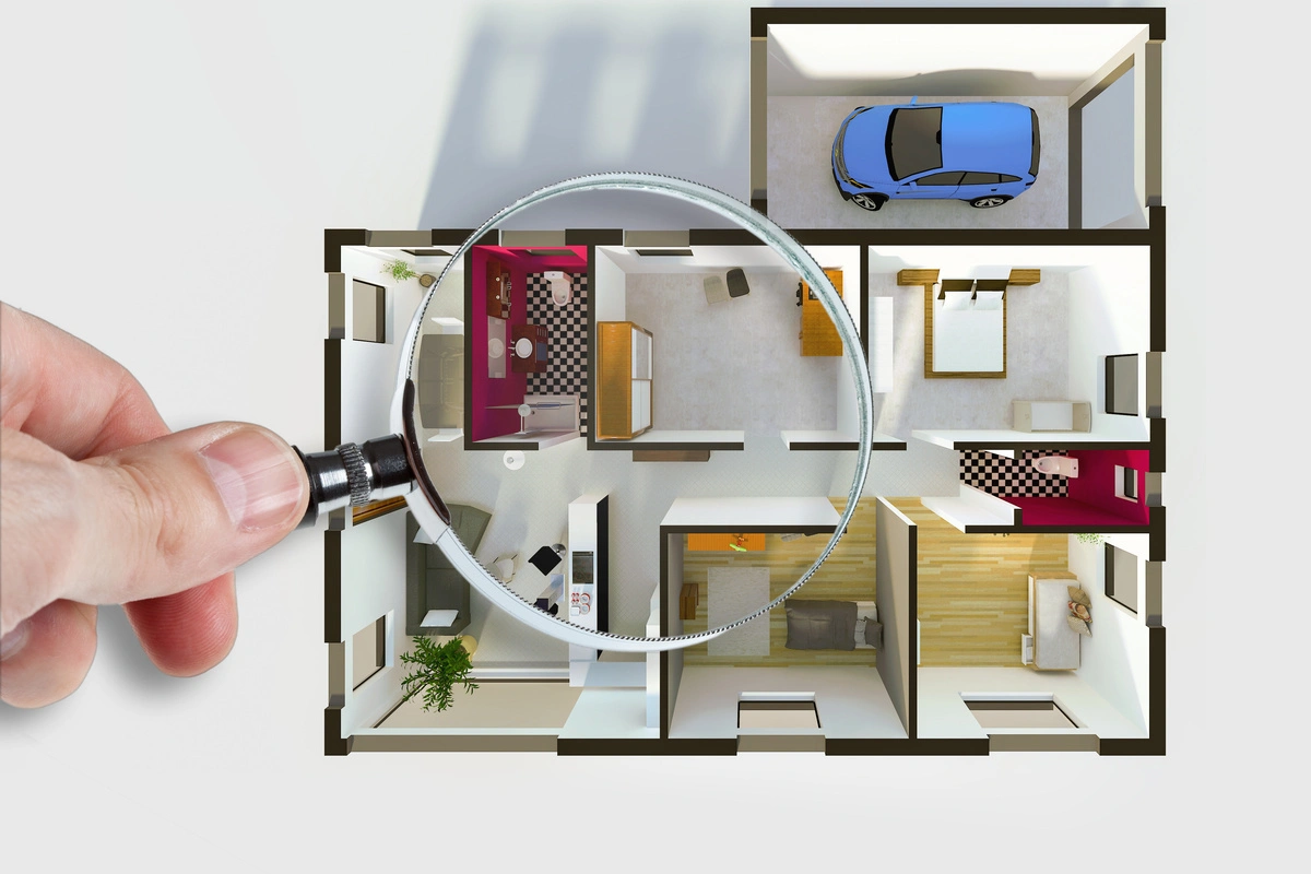 Image d'un plan de maison en 3D avec une loupe pour détailler les pièces